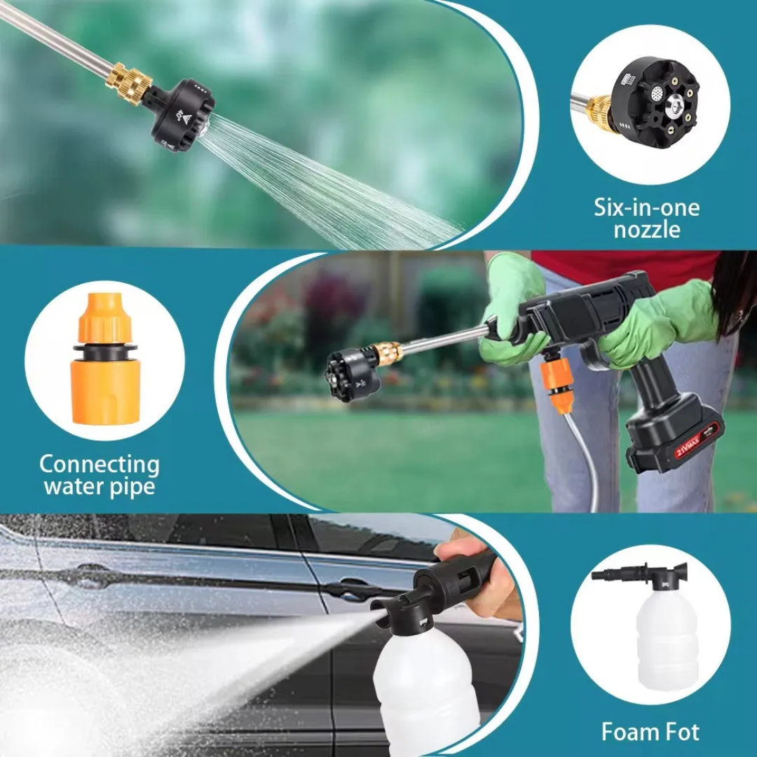 Hidrolavadora Portátil Inalámbrica 48V 2 Baterías – Boquilla 6 en 1 Incorporada