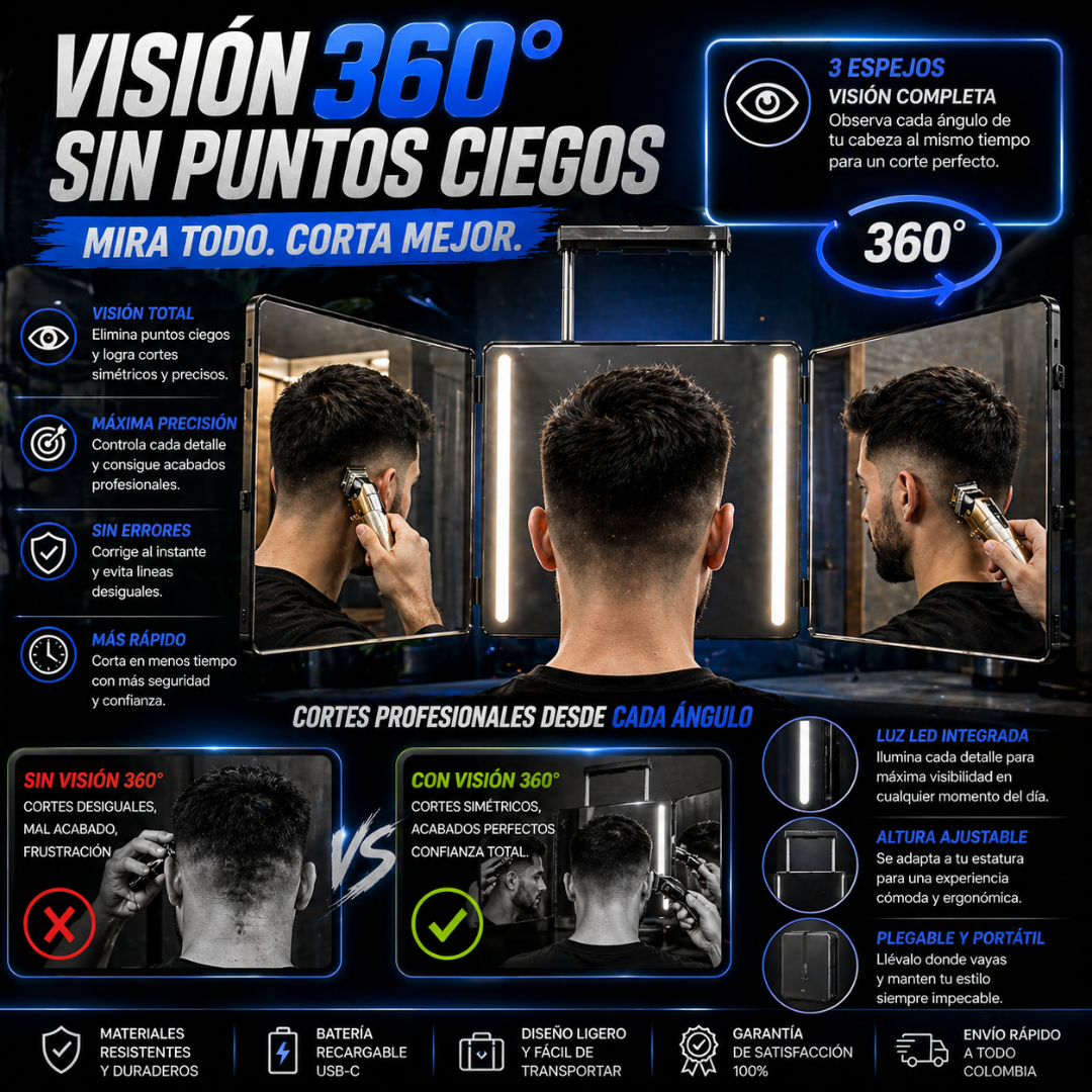 👉 Resultados de barbería desde casa con visión 360° real - Espejo Triptico 360