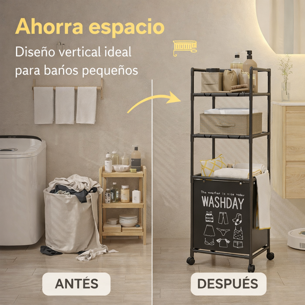 Organizador de Baño con Cesto para Ropa Sucia | Estante Metálico Multifunción