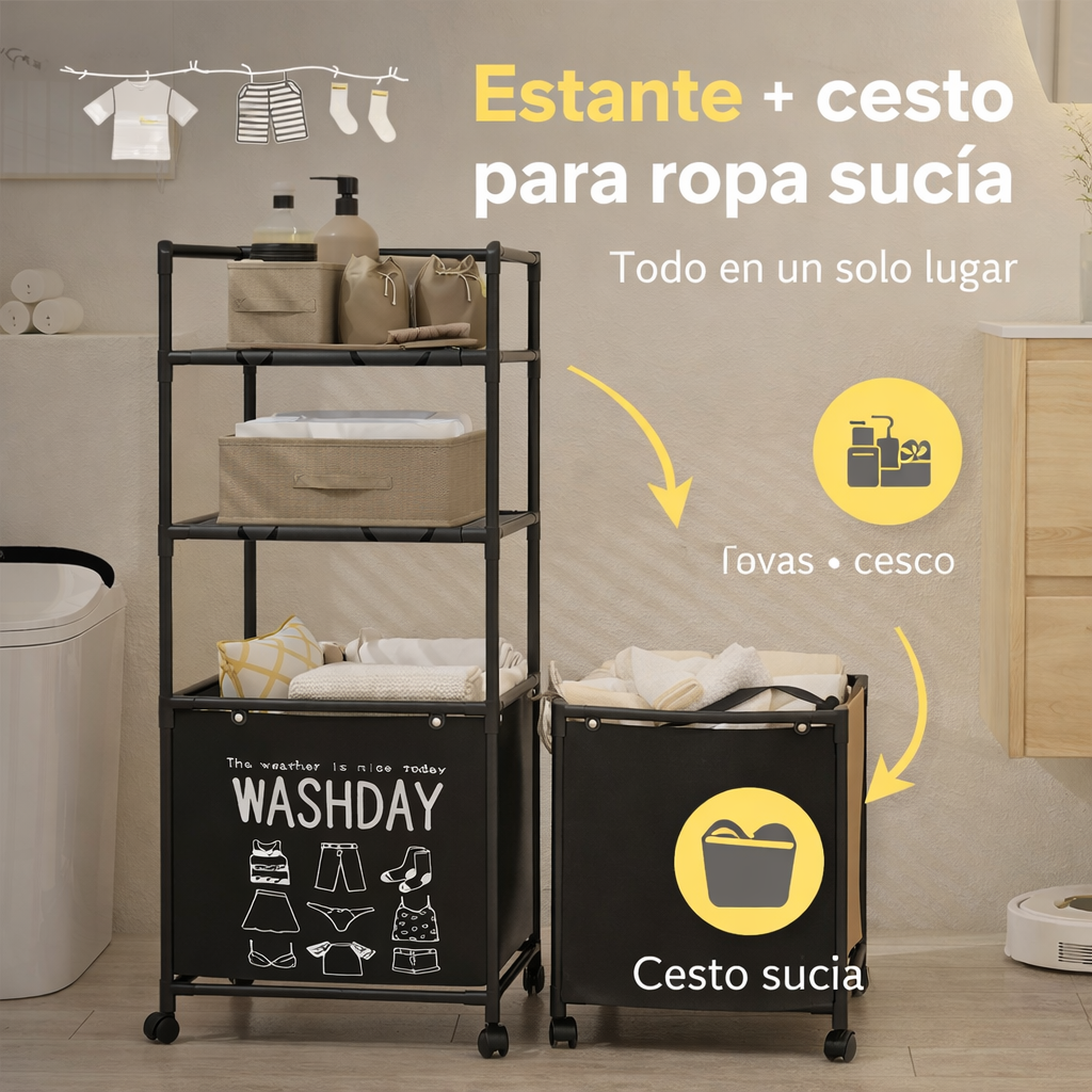 Organizador de Baño con Cesto para Ropa Sucia | Estante Metálico Multifunción