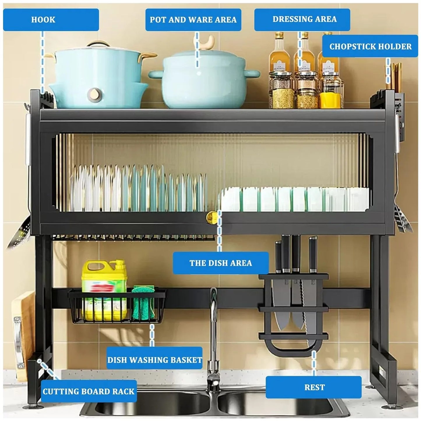 Organizador Escurridor de Platos Multifuncional - Estante de Cocina Todo en Uno